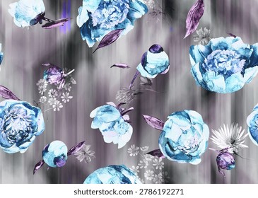 Seamless textile pattern with peonies on a blur background. Eclecticism, realistic flowers, and digital drawing for textiles and design.