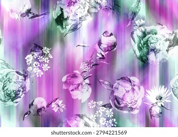 Seamless textile pattern with peonies on a blur background. Eclecticism, realistic flowers, and digital drawing for textiles and design.