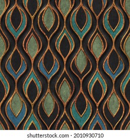 Seamless texture with carving waves pattern, bronze and copper color, panel, 3D illustration