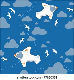 Seamless texture with the image of a white plane in the sky
