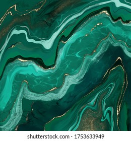 Seamless texture malachite. Abstract green background with gold