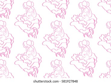   seamless texture, motherhood, pregnant woman in a flower, pink on white background