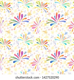 Seamless Texture Pattern Rapport Background Watercolor 
Fireworks Painting. New Year Comemoration. Hapiness.Explosion Rocket.  Brazilian Celebration Festa Junina. Night Festival.