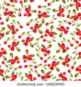 Seamless Texture With Watercolor Cranberries On A White Background