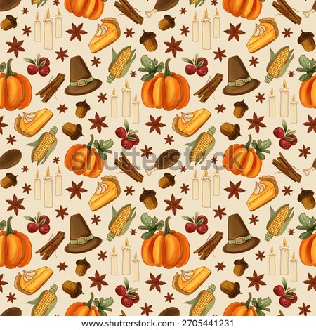 Seamless Thanksgiving pattern with pumpkins, corn, pies, candles, acorns, cranberries, star anise, and pilgrim hats. Festive design for  textiles, packaging, wrapping, scrapbooking and party decor.