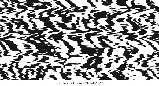 Seamless tiger stripe fur or zebra skin pattern. Tileable black and white safari wildlife animal print background texture. Monochrome warbled abstract wavy wonky abstract glitch lines motif.