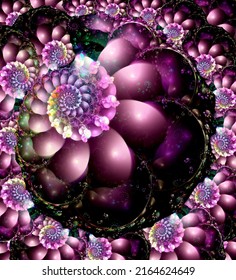 A seamless transparent complex fractal design of floral and shell spirals in a nautilus shape. Pink and violet with a touch of rainbow colors against a black background.