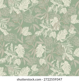 Seamless Tropical Botanical Leaf Pattern on Sage Green