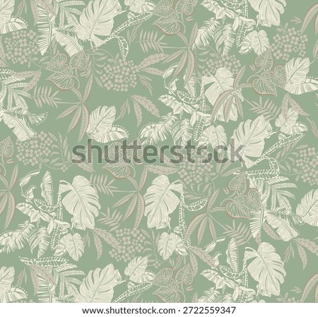 Seamless Tropical Botanical Leaf Pattern on Sage Green
