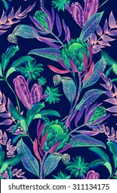 Seamless Tropical Floral Pattern. Rare Jungle Flowers And Plants, Dark Neon Colors, Beautiful Composition. 