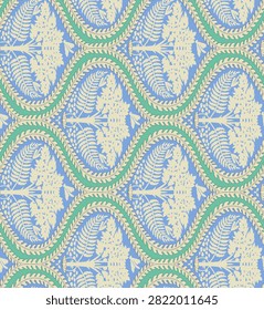 Seamless tropical floral repeat pattern featuring oversized hibiscus, lilies and bird-of-paradise blooms intertwined with layered palm fronds and long slender leaves,