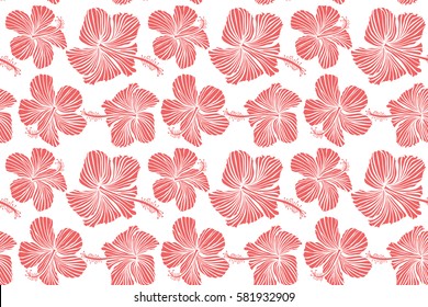Seamless tropical flower, hibiscus pattern. Raster illustration in pink colors on a white background.