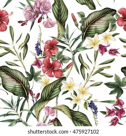 Seamless tropical flower pattern, watercolor. 