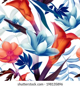 Seamless tropical flower, plant colorful pattern background