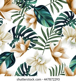 Seamless Tropical Flower, Plant And Leaf Pattern Background, Retro Botanical Style. Stylish Flowers Print
