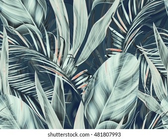 Seamless tropical flower, plant and leaf pattern background, retro botanical style. Stylish flowers print