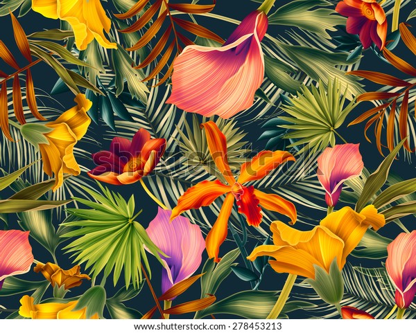 Seamless tropical flower, plant and leaf pattern background, retro botanical style. Stylish flowers print