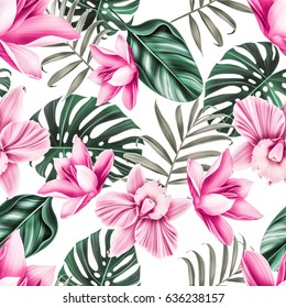 Seamless Tropical Flower, Plant Pattern Background. Hawaiian, Californian, Florida Summer Style