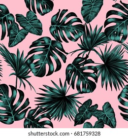 Seamless tropical jungle pattern with beautiful green Monstera and palm leaves on a pink background