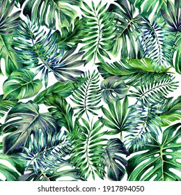 Seamless Tropical Leaf Pattern. Watercolour Botanical Illustration. Beautiful Pattern Of Monstera Leaves, Banana And Palm Trees. For Decoration And Decoration Of Fabric, Paper And Other Design.