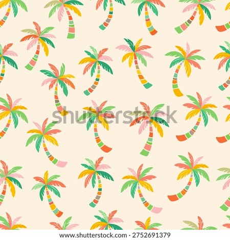 Seamless tropical palm tree pattern with colorful stylized palm trees scattered across a soft beige background. Decorative palm trees with curved trunks and geometric stripe patterns in pink, orange, and green. Vibrant tropical fronds in coral, yellow, green, and pink create a playful summer vibe. Modern flat vector illustration with clean shapes and smooth edges. Perfect for fabric, wallpaper, wrapping paper, packaging, beach accessories, and summer fashion prints.