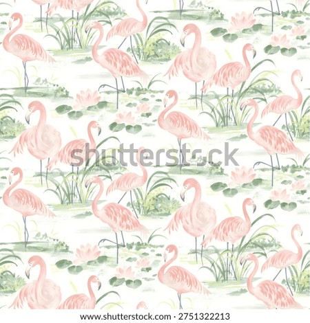Seamless tropical pattern featuring elegant pink flamingos standing among water plants, reeds, and lily pads. The design is illustrated in soft watercolor-style pastel tones with delicate details and a light background, creating a calm and airy botanical atmosphere. This repeating pattern is perfect for fabric, wallpaper, wrapping paper, summer textiles, home décor, stationery, and tropical-themed surface designs.