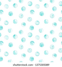 Seamless turquoise polka dot pattern isolated on white. Hand drawn watercolor illustration.