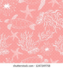 Seamless underwater sea ocean turtle plants coral pattern