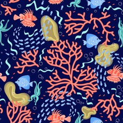 Seamless Underwear Pattern With Life Elements, Tropical Animals, Corals And Fishes. Undersea Fauna, Sea World Dwellers, Coral Reef Inhabitants In Their Natural Habitat. Flat Art  Illustration.