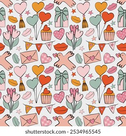 Seamless Valentine Day pattern. Modern flat style romantic print. Love symbols background. Dove, love heart, balloons, flowers, cupcake, envelope, gift, Valentine day decor.  - Powered by Shutterstock