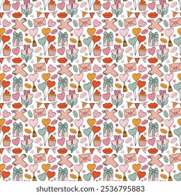 Seamless Valentine Day pattern. Modern flat style romantic print. Love symbols background. Dove, love heart, balloons, flowers, cupcake, envelope, gift, Valentine day decor.  - Powered by Shutterstock