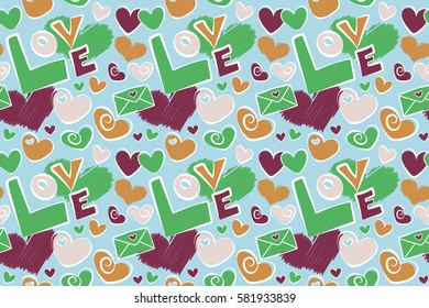 Seamless Valentines day pattern with raster hearts in orange and purple colors. Creative, luxury style for print cards, cloth, wrapper, cover, gift, banner, poster, greeting, invitation.