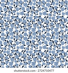 Seamless vector ditsy floral pattern featuring densely packed small blue flowers and leaves on a white background. A cute and classic calico botanical design suitable for summer dresses, quilting fabric, and vintage wallpapers.