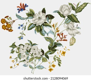seamless vector floral pattern, spring summer background with tropical flowers, palm leaves, jungle leaf, hibiscus, bird of paradise flower. blue, white rose, white hydrangea, ranunculus, anemone, thi