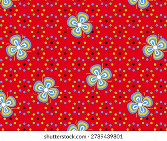 Seamless vector floral pattern with white, pink, and purple flowers on a vivid red background. Bold and cheerful design for textiles design