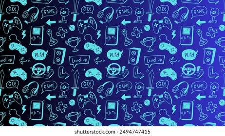 Seamless vector pattern features hand-drawn doodles of various gaming elements. The design includes game controllers, headsets, joysticks, trophies, swords, and other gaming-related icons. - Powered by Shutterstock - Get 15% off with code: PIKWIZARD15
