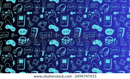 Seamless vector pattern features hand-drawn doodles of various gaming elements. The design includes game controllers, headsets, joysticks, trophies, swords, and other gaming-related icons.