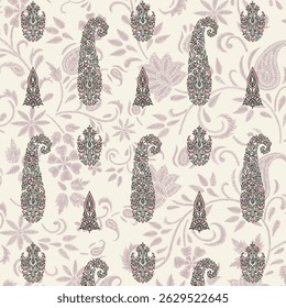 seamless vector pattern features an intricate paisley motif embellished with floral elements