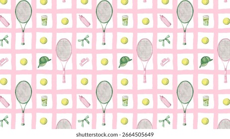 Seamless vector pattern featuring tennis rackets, balls, caps, water bottles, bows, and drinks on a pink checkered background, perfect for sports and active lifestyle designs.