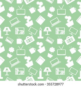 Seamless Vector Pattern. Pastel Chaotic Background  With Elements Of Home Decor On The Green Backdrop