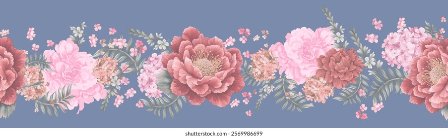 Seamless vector pattern with peony and hydrangea flowers isolated on a changeable black background. watercolor painting style with tropical leaves.
