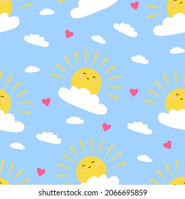 Seamless vector pattern with smiling sunnies, clouds and hearts