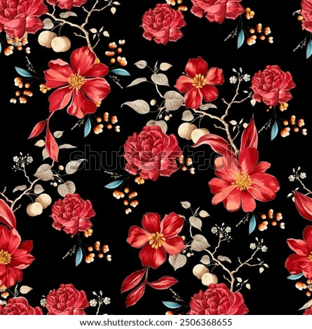 seamless vector red flower pattern on black background