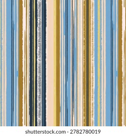 Seamless vertical striped abstract pattern with hand-painted textured lines in blue, beige, mustard, navy, and white tones. Artistic modern background suitable for fabric, wallpaper