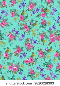 A seamless, vertically oriented repeating floral pattern for textile or wallpaper: dense, ornate composition of stylized blossoms, leaves and flowing vines on a vibrant