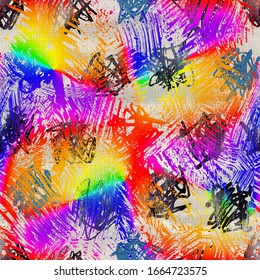 Seamless Vibrant Rainbow Painted Texture. Bold Primary Color Artistic Background. Washed Crayon Scribble Imperfect Brush Stroke Pattern. Funky Colorful Childlike Abstract. Fun Kid Art All Over Print. 