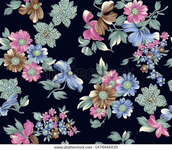 Seamless Vintage Flower Navy Background Stock Illustration 1474446920