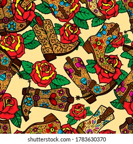 Seamless Vintage Pattern With Cowboy Boots And Roses. Design Element For Poster, Card, Banner, Clothes Decoration.