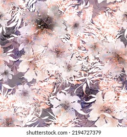 Seamless Vintage Pattern,  Flowers. Plant In Watercolor. Mimosa, Acacia, Plants On A Branch. Blossoming Acacia Or Caragana Tree. Fashionable Background. Abstract Splash Of Paint. Pansies, Viola, Field