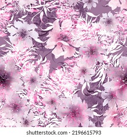 Seamless Vintage Pattern,  Flowers. Plant In Watercolor. Mimosa, Acacia, Plants On A Branch. Blossoming Acacia Or Caragana Tree. Fashionable Background. Abstract Splash Of Paint. Pansies, Viola, Field